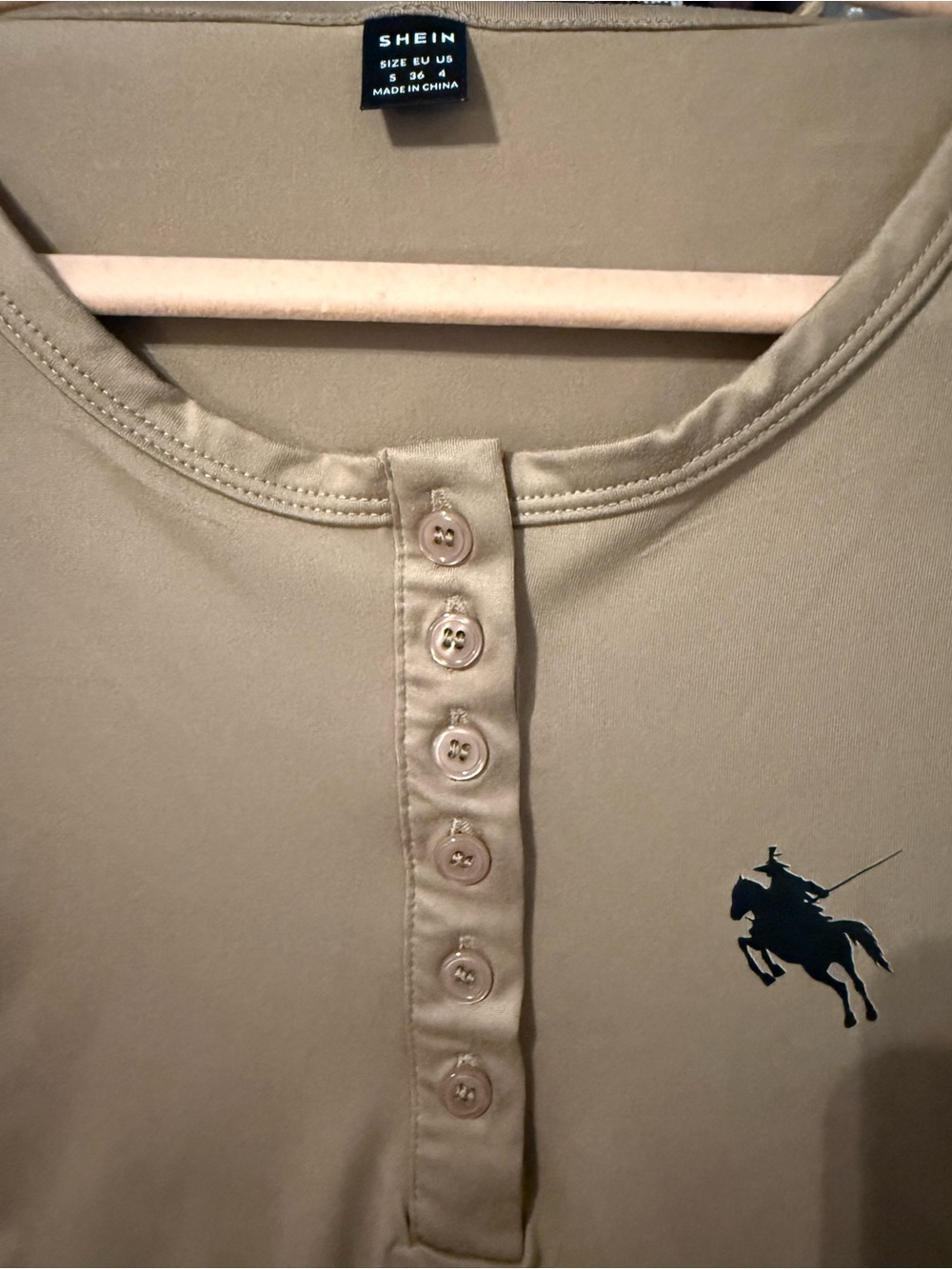 Beige Henley Long Sleeve Top | Size Small | Fitted Neutral Basic | SHEIN